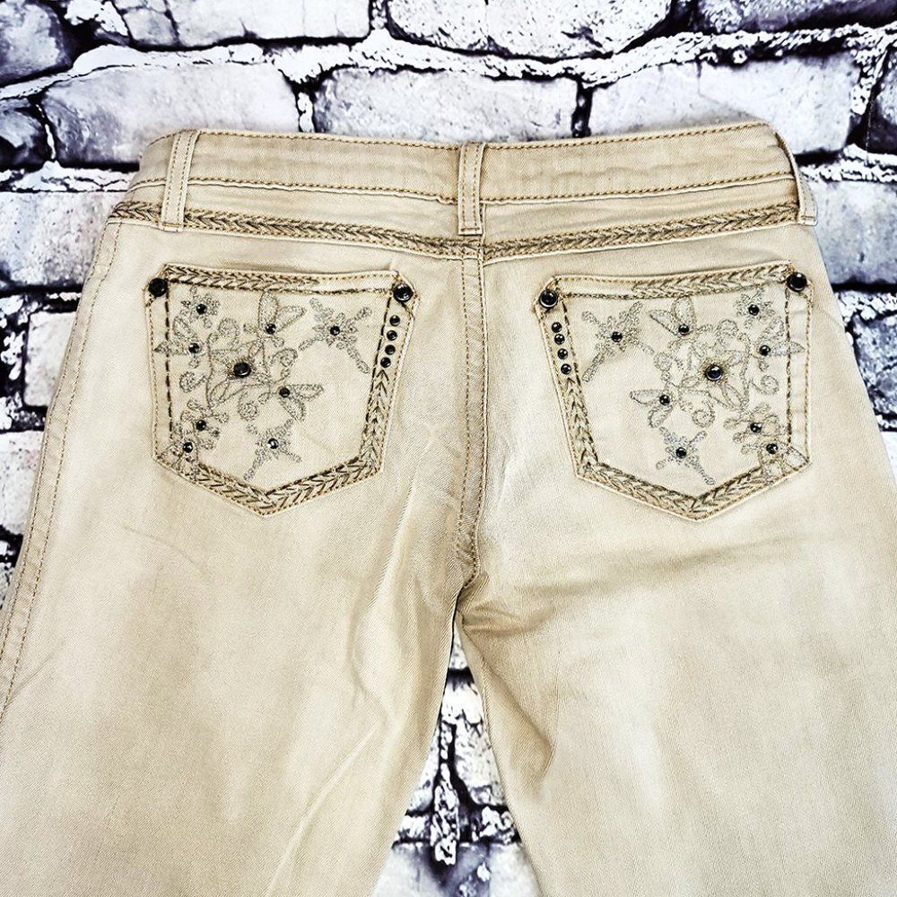 Rock 47 Wrangler fawn color ultra low rise metallic accent gems jeans